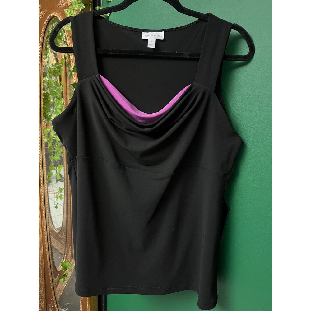 Fashion Bug Womens Black Cowl Neck Sleeveless Top Purple Accent Large